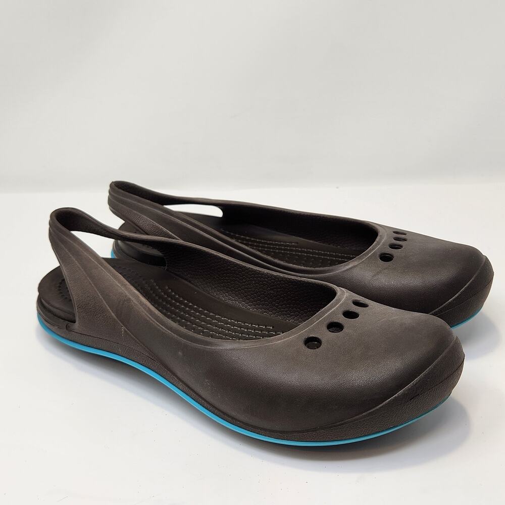Crocs Tone Skylar Slingback Flat Women Size 9 Brown Teal Closed Toe Comfort Shoe